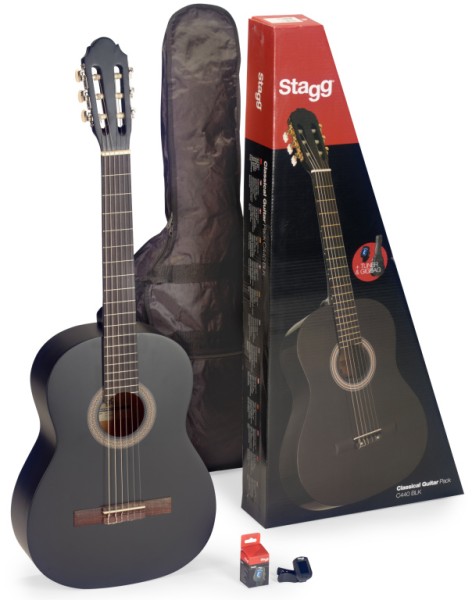 Stagg C440 M BLK PACK Guitarpack 4/4, Schwarz, klassische Gitarre, Decke Lindenholz, Stimmgerät, Tas